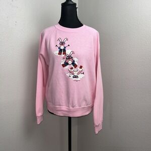 Vintage 80's Bassett-Walker Sweatshirt Women's Medium Pink Bunny Skiing Winter